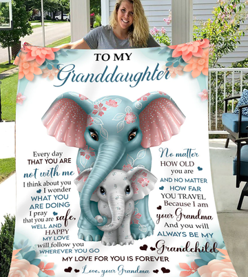 Personalized Elephant Blanket - To My Granddaughter From Grandma - Blanket Present for Valentines Mothers Day Christmas Graduation Anniversary