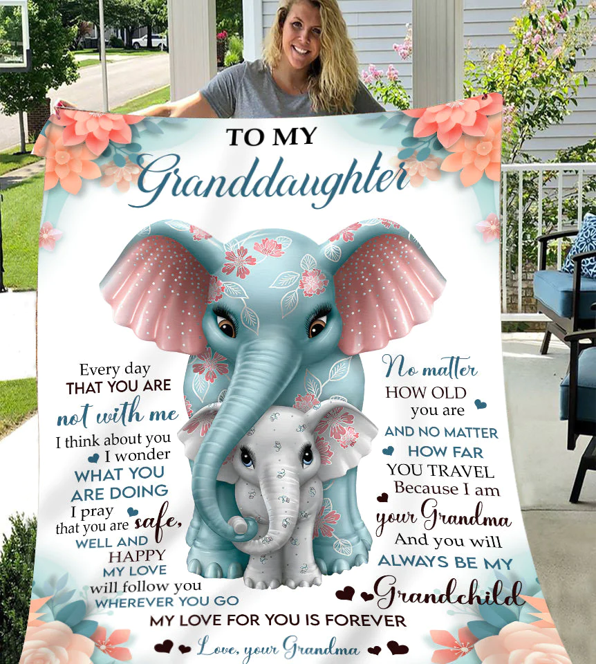 Personalized Elephant Blanket - To My Granddaughter From Grandma - Blanket Present for Valentines Mothers Day Christmas Graduation Anniversary