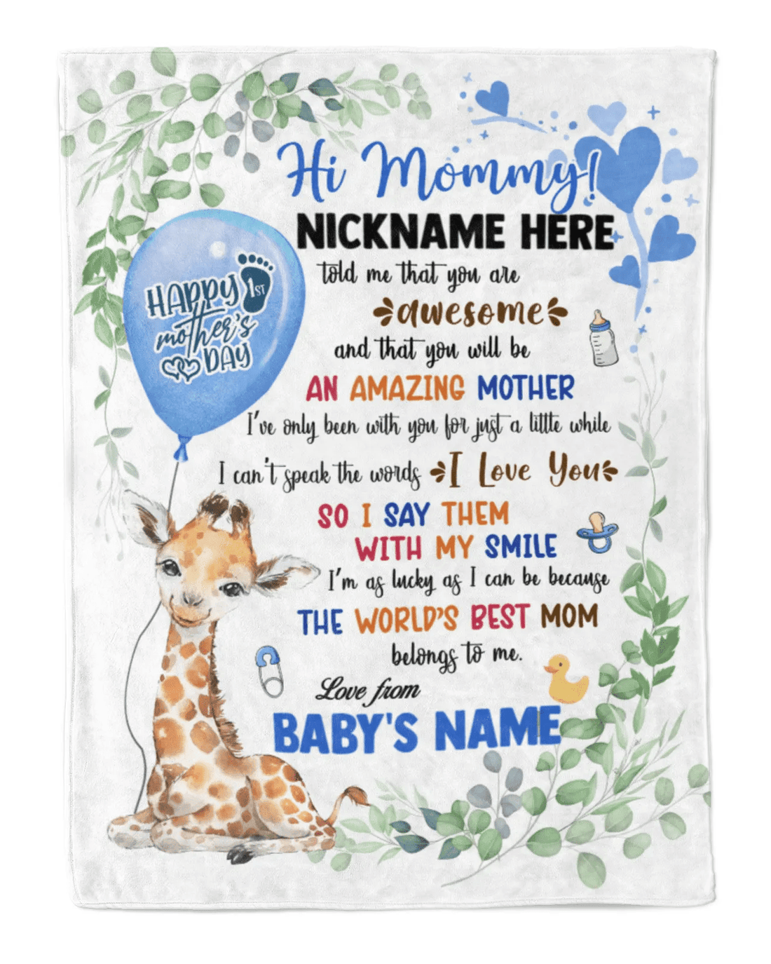 Personalized Printed Blanket Little Giraffe With Blue Balloon - Mothers Day Gift, 1st Mother Day Baby Blanket