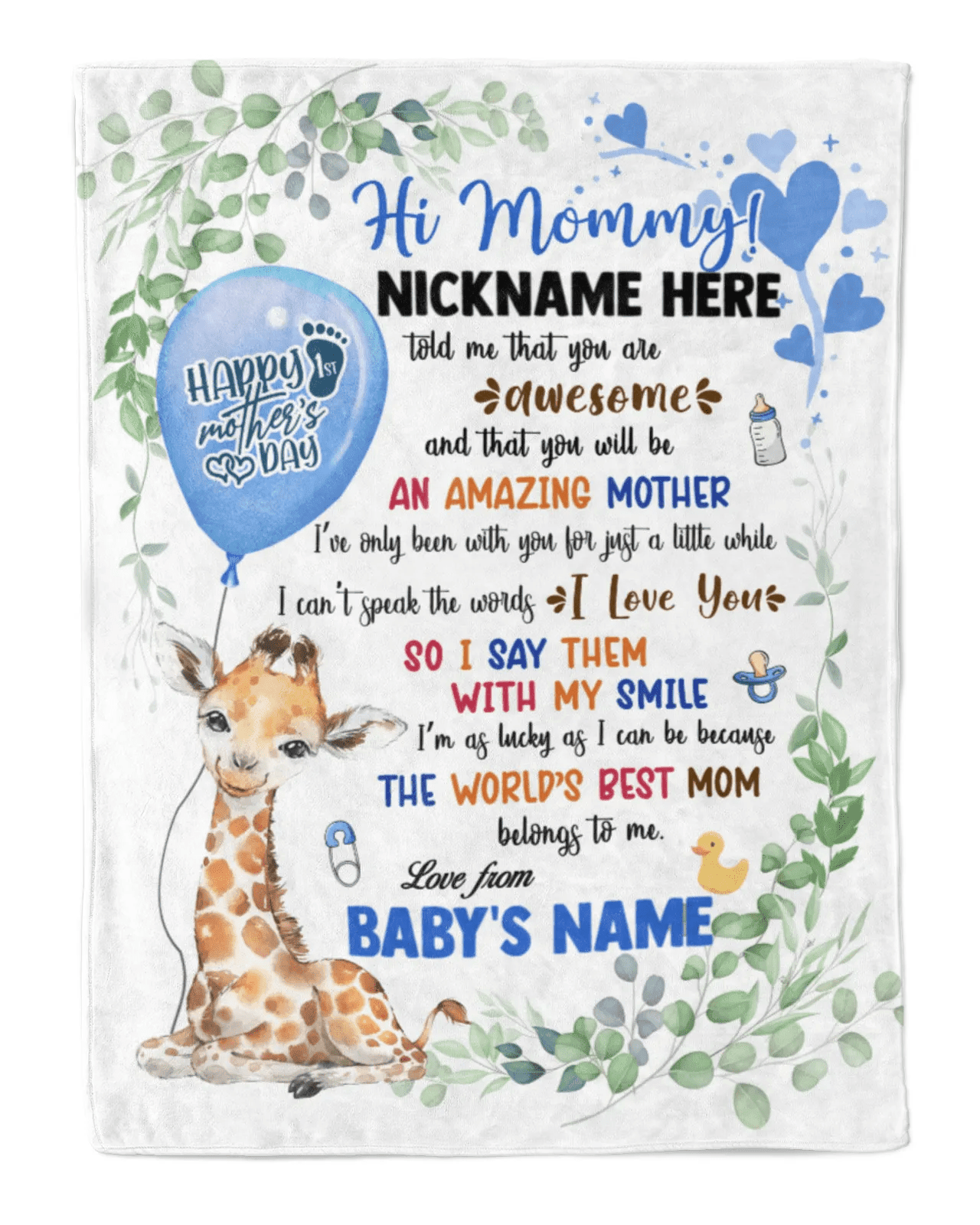 Personalized Printed Blanket Little Giraffe With Blue Balloon - Mothers Day Gift, 1st Mother Day Baby Blanket