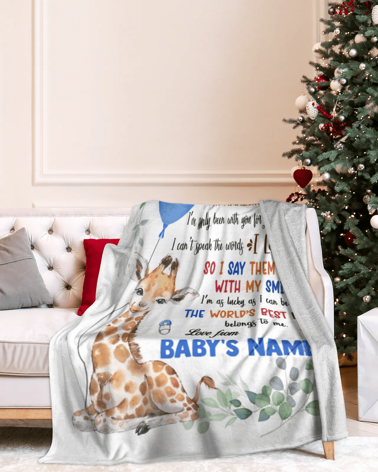 Personalized Printed Blanket Little Giraffe With Blue Balloon - Mothers Day Gift, 1st Mother Day Baby Blanket