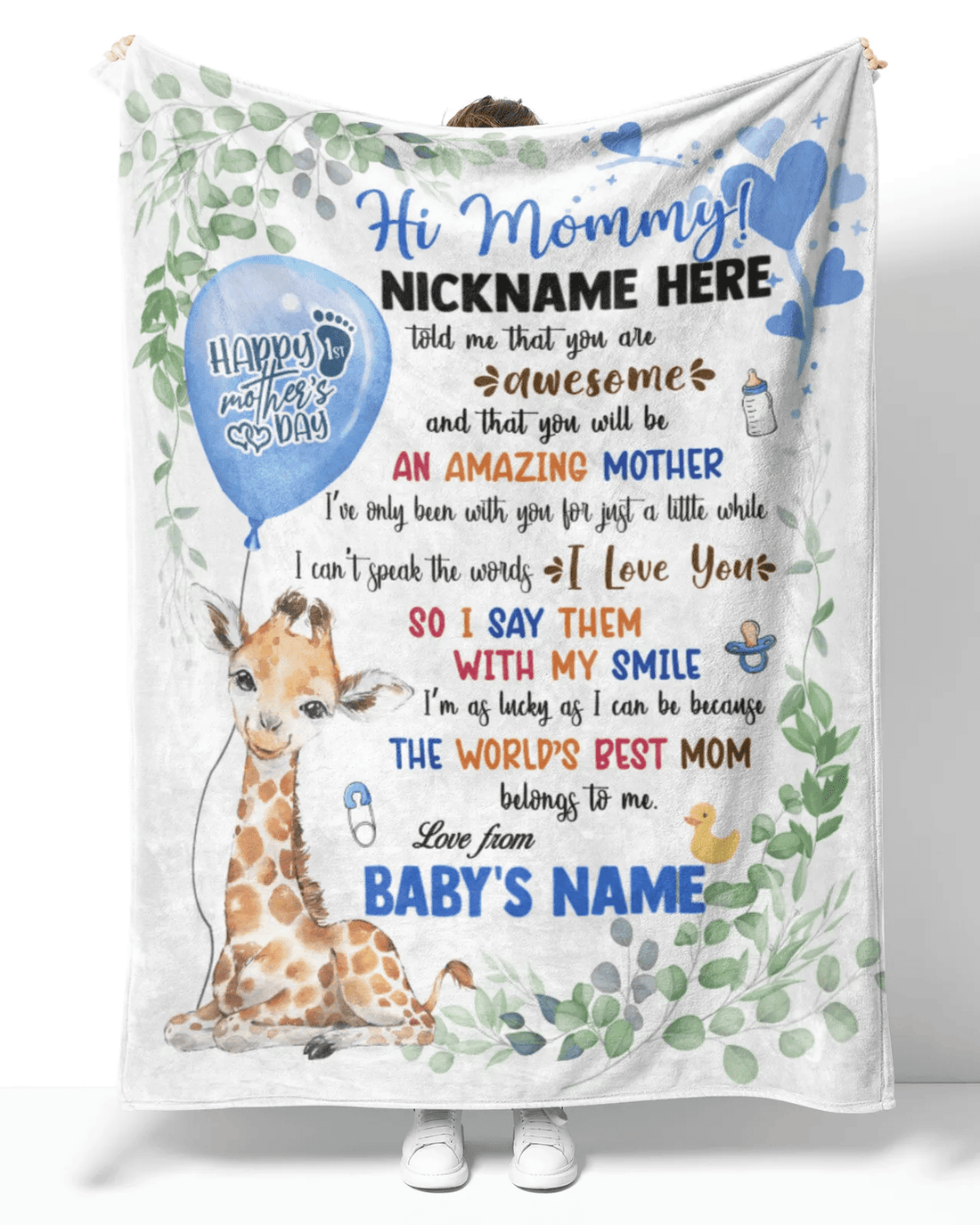 Personalized Printed Blanket Little Giraffe With Blue Balloon - Mothers Day Gift, 1st Mother Day Baby Blanket