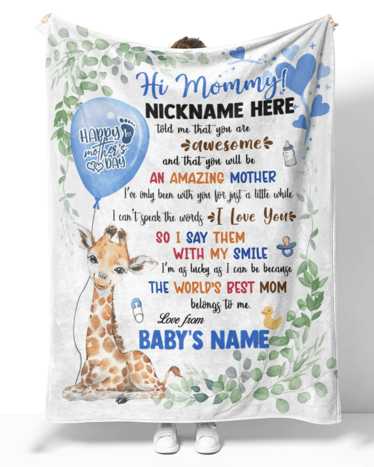 Personalized Printed Blanket Little Giraffe With Blue Balloon - Mothers Day Gift, 1st Mother Day Baby Blanket