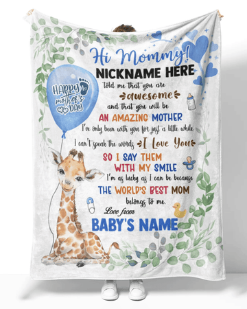 Personalized Printed Blanket Little Giraffe With Blue Balloon - Mothers Day Gift, 1st Mother Day Baby Blanket