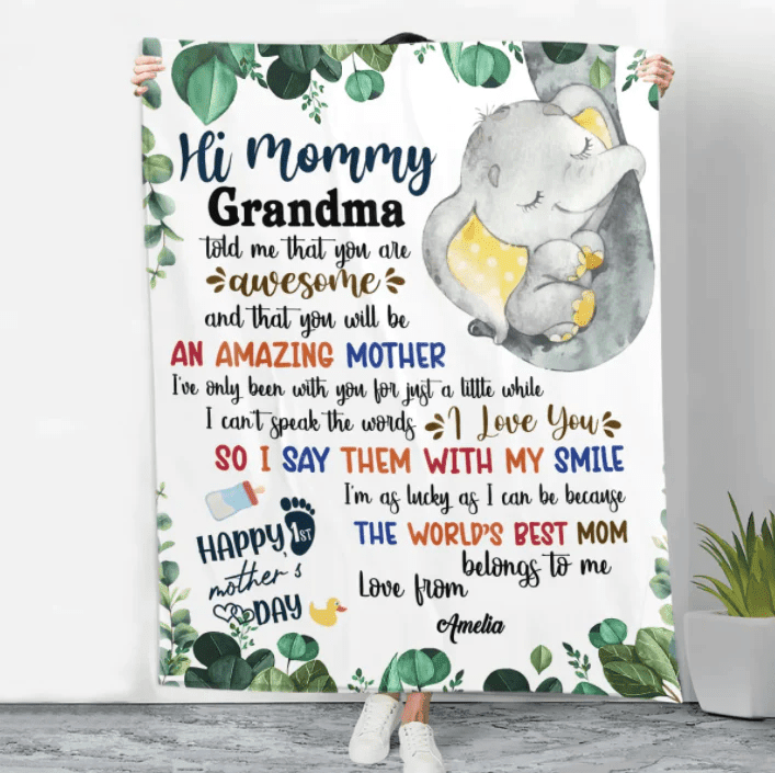 Personalized Printed Blanket Plants Little Elephant - Mothers Day Gift, Happy 1st Mothers Day Blanket, Baby Blanket