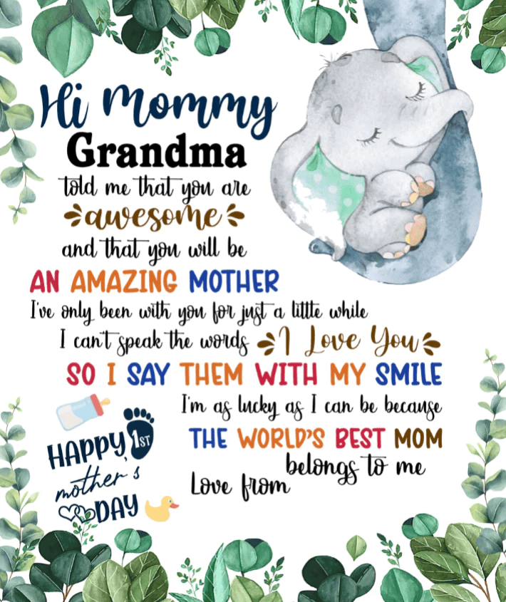 Personalized Printed Blanket Plants Little Elephant - Mothers Day Gift, Happy 1st Mothers Day Blanket, Baby Blanket