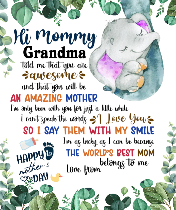 Personalized Printed Blanket Plants Little Elephant - Mothers Day Gift, Happy 1st Mothers Day Blanket, Baby Blanket