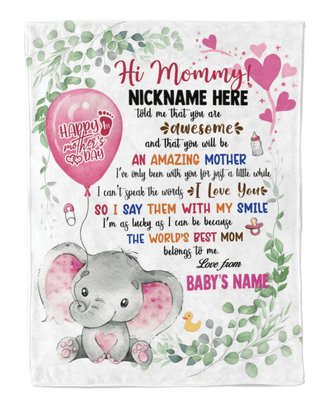 Personalized Printed Blanket Little Elephant With Pink Balloon - Mothers Day Gift, Happy 1st Mothers Day Blanket, Cute Elephant Blanket