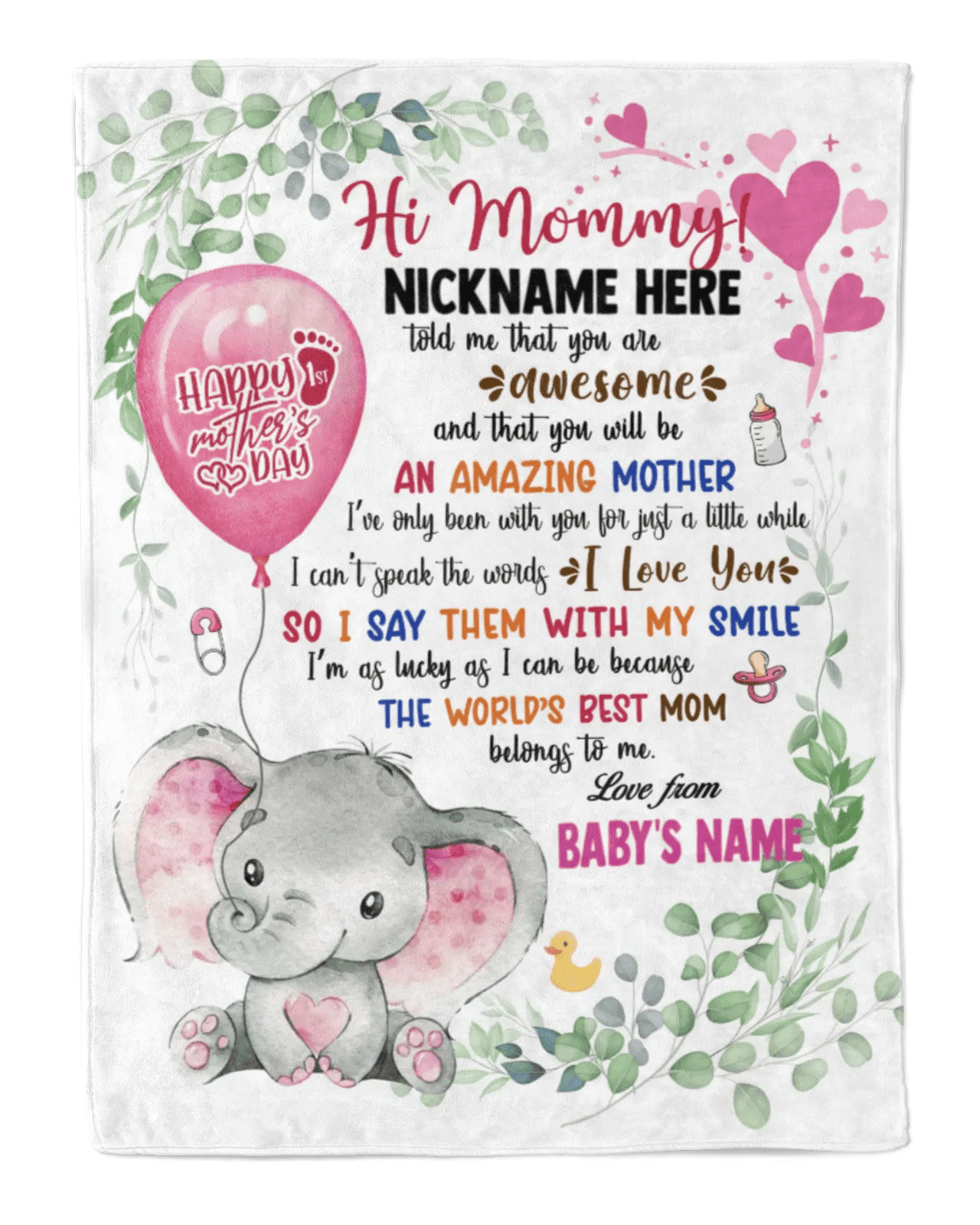 Personalized Printed Blanket Little Elephant With Pink Balloon - Mothers Day Gift, Happy 1st Mothers Day Blanket, Cute Elephant Blanket
