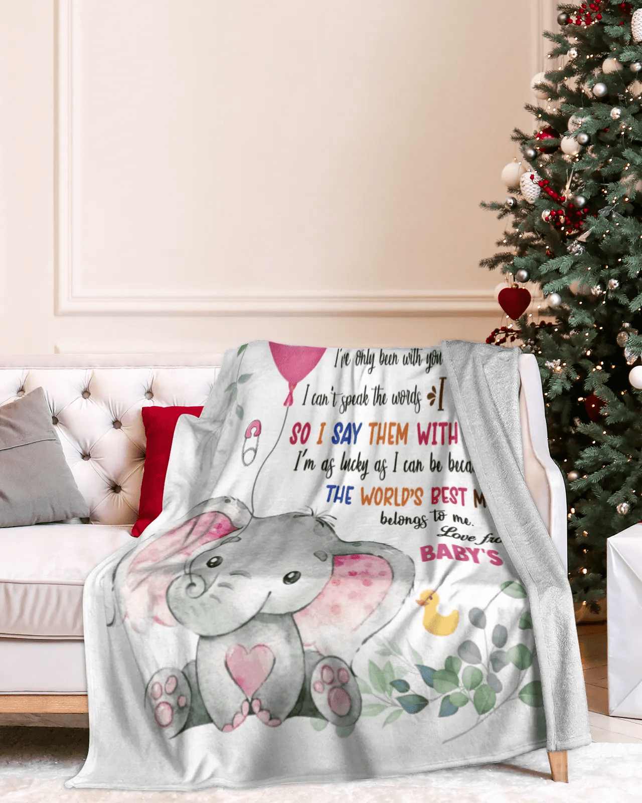 Personalized Printed Blanket Little Elephant With Pink Balloon - Mothers Day Gift, Happy 1st Mothers Day Blanket, Cute Elephant Blanket