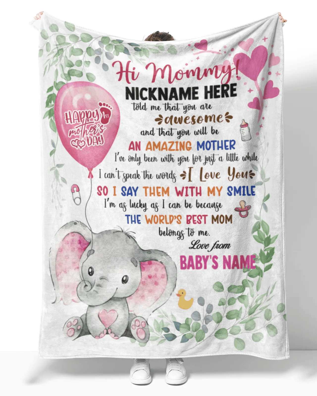 Personalized Printed Blanket Little Elephant With Pink Balloon - Mothers Day Gift, Happy 1st Mothers Day Blanket, Cute Elephant Blanket