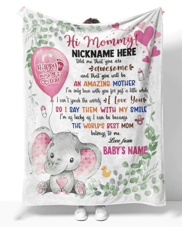Personalized Printed Blanket Little Elephant With Pink Balloon - Mothers Day Gift, Happy 1st Mothers Day Blanket, Cute Elephant Blanket