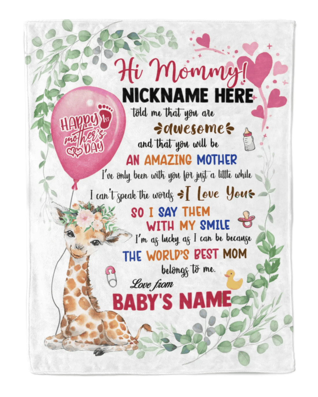Personalized Printed Blanket Little Giraffe With Pink Balloon - Mothers Day Gift, Happy Mothers Day Blanket, Giraffe Baby Blanket