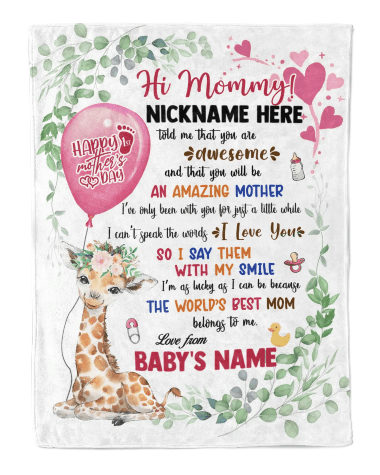 Personalized Printed Blanket Little Giraffe With Pink Balloon - Mothers Day Gift, Happy Mothers Day Blanket, Giraffe Baby Blanket