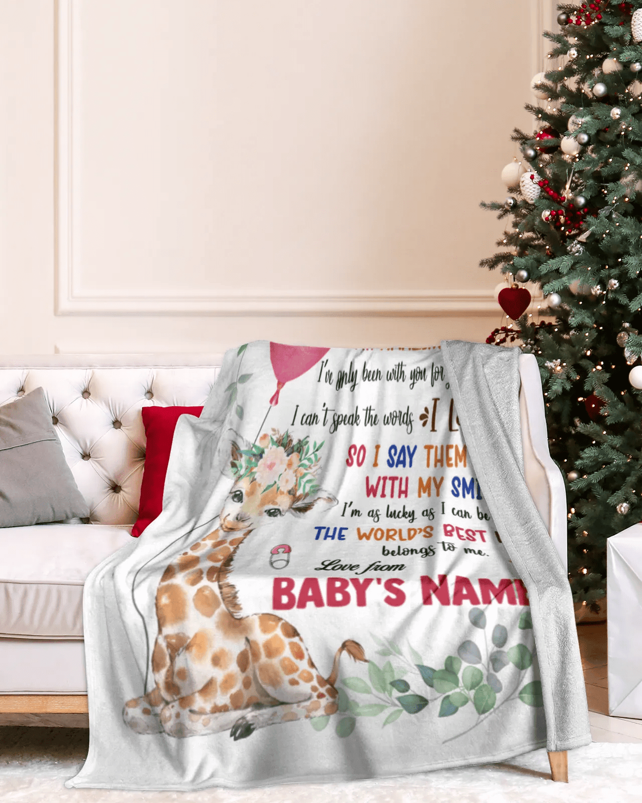 Personalized Printed Blanket Little Giraffe With Pink Balloon - Mothers Day Gift, Happy Mothers Day Blanket, Giraffe Baby Blanket