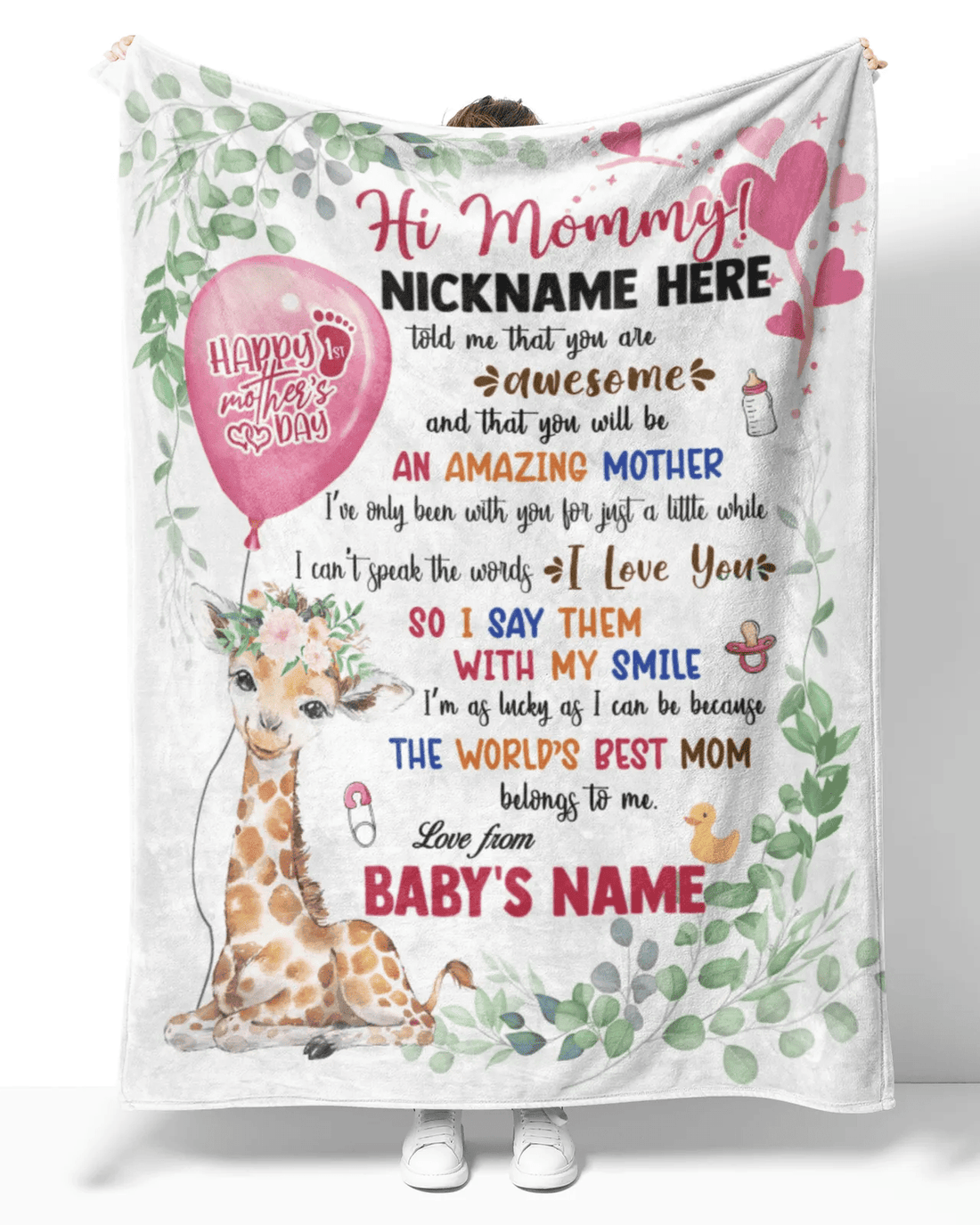Personalized Printed Blanket Little Giraffe With Pink Balloon - Mothers Day Gift, Happy Mothers Day Blanket, Giraffe Baby Blanket