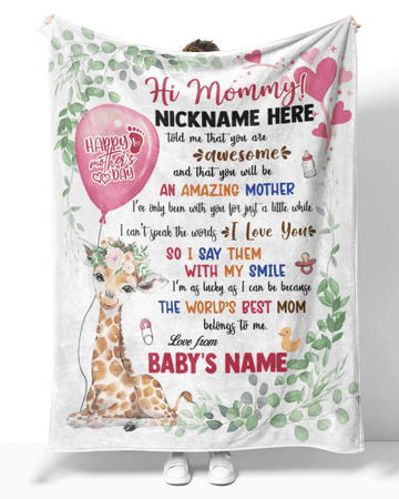 Personalized Printed Blanket Little Giraffe With Pink Balloon - Mothers Day Gift, Happy Mothers Day Blanket, Giraffe Baby Blanket