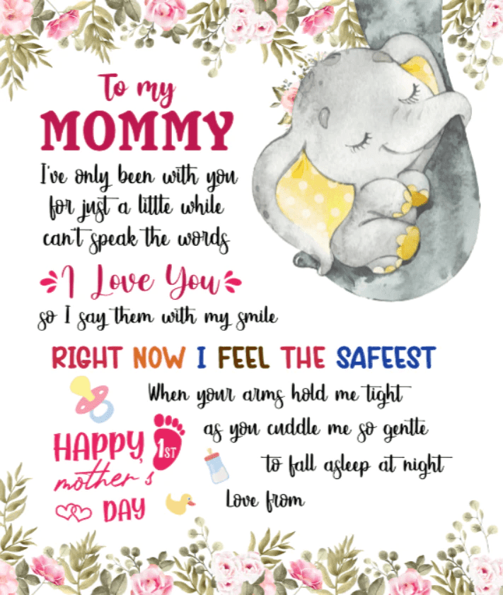 Personalized Printed Blanket Flowers Little Elephant - Mothers Day Gift, Mother and Baby Blanket Elephant