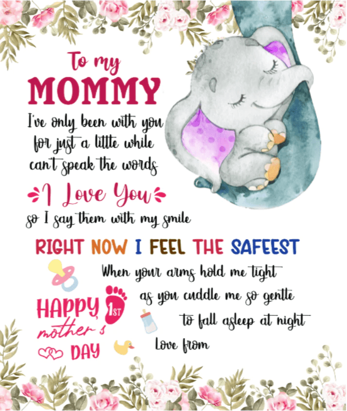 Personalized Printed Blanket Flowers Little Elephant - Mothers Day Gift, Mother and Baby Blanket Elephant