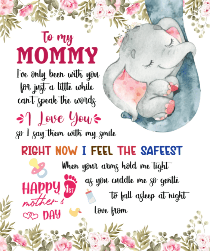 Personalized Printed Blanket Flowers Little Elephant - Mothers Day Gift, Mother and Baby Blanket Elephant