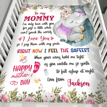 Personalized Printed Blanket Flowers Little Elephant - Mothers Day Gift, Mother and Baby Blanket Elephant