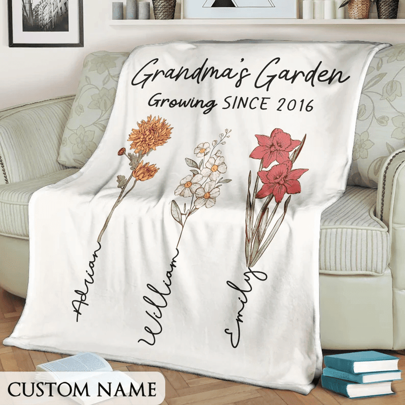 Mothers Day Gift for Grandma, Custom Grandma's Garden Blanket, Custom Birth Flower Blanket With Grandkids Names, Personalized Grandma Gift