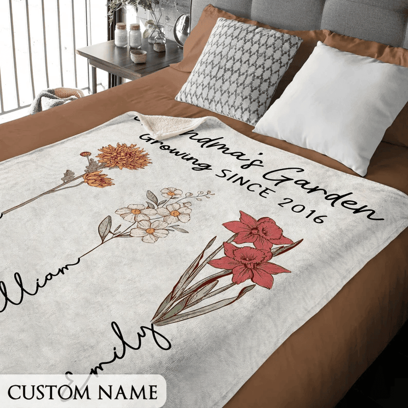 Mothers Day Gift for Grandma, Custom Grandma's Garden Blanket, Custom Birth Flower Blanket With Grandkids Names, Personalized Grandma Gift