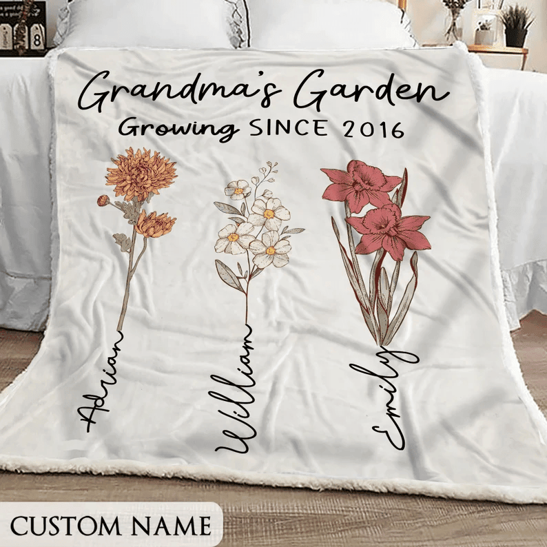 Mothers Day Gift for Grandma, Custom Grandma's Garden Blanket, Custom Birth Flower Blanket With Grandkids Names, Personalized Grandma Gift