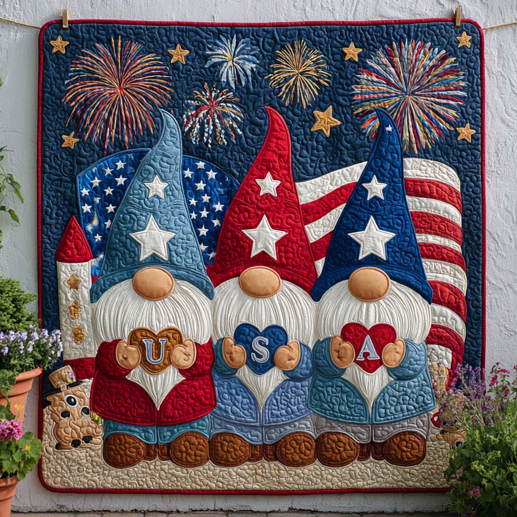 Gnome Firework Trio Quilted Blanket Christmas Room Decor Chicken Gifts For Him Her - Marykun