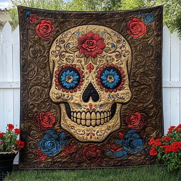 Golden Fiesta Skull Quilted Blanket Winter Decor Blanket Cool Skull Gifts - Marykun