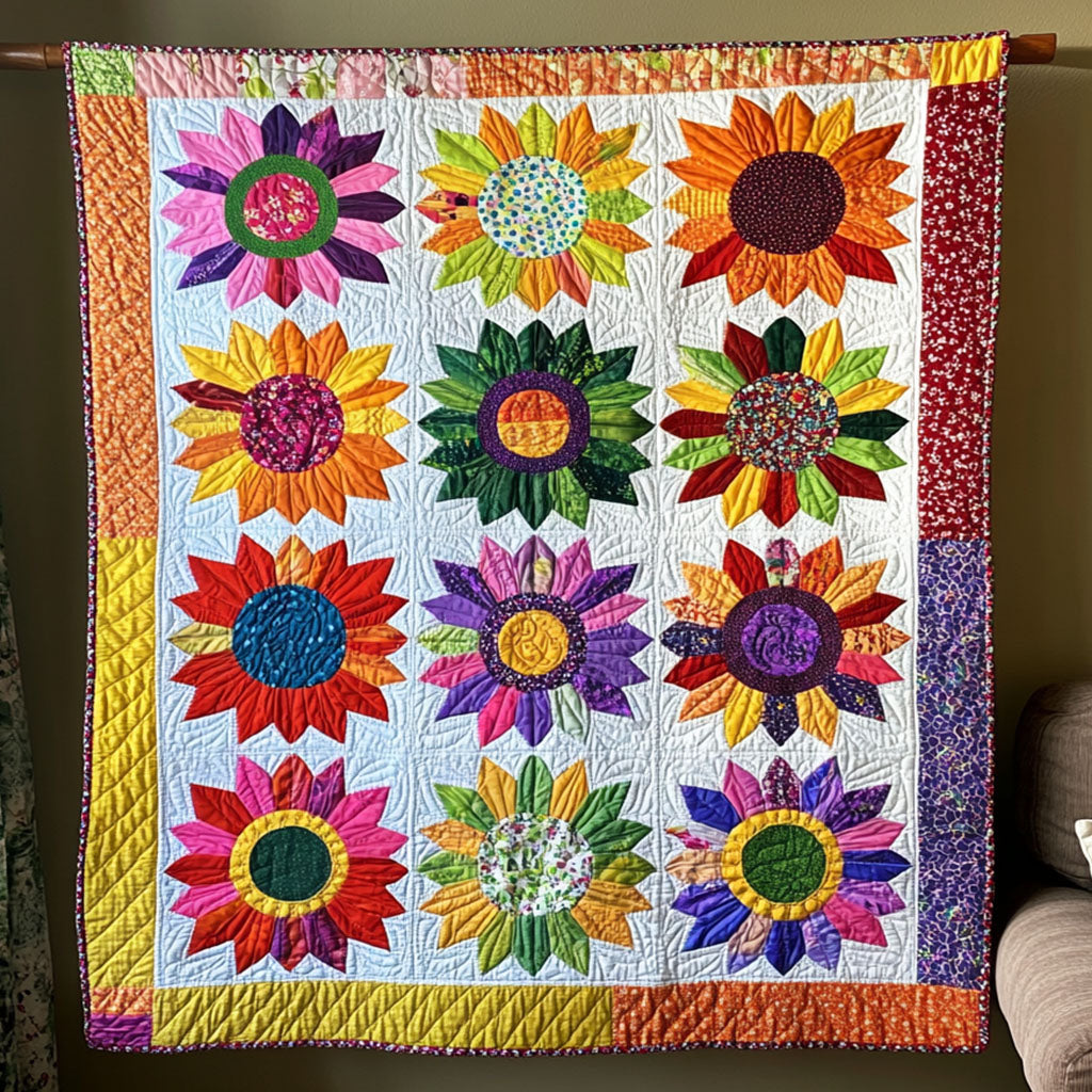 Golden Petal Symphony Quilted Blanket Holiday Throw Blanket Gifts For Sunflower Lovers - Marykun