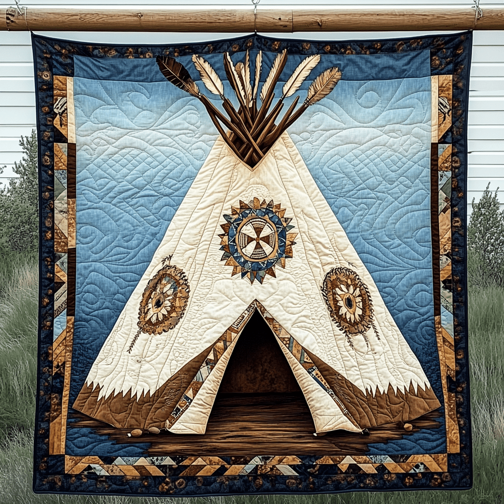Golden Tipi Quilted Blanket Christmas Bedroom Decor Best Native American Gifts - Marykun