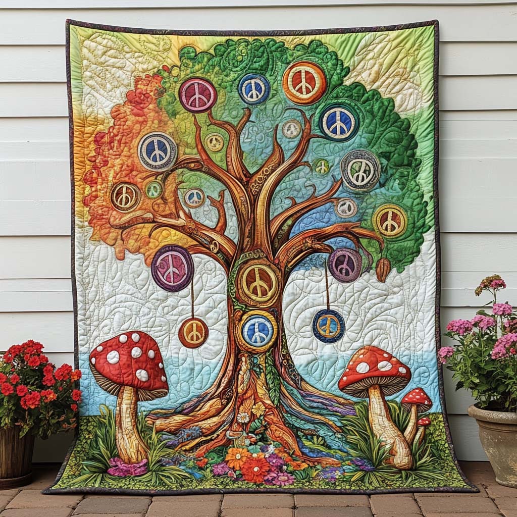 Groovy Mushroom Tree Quilted Blanket Xmas Holiday Hippie Style Gifts - Marykun