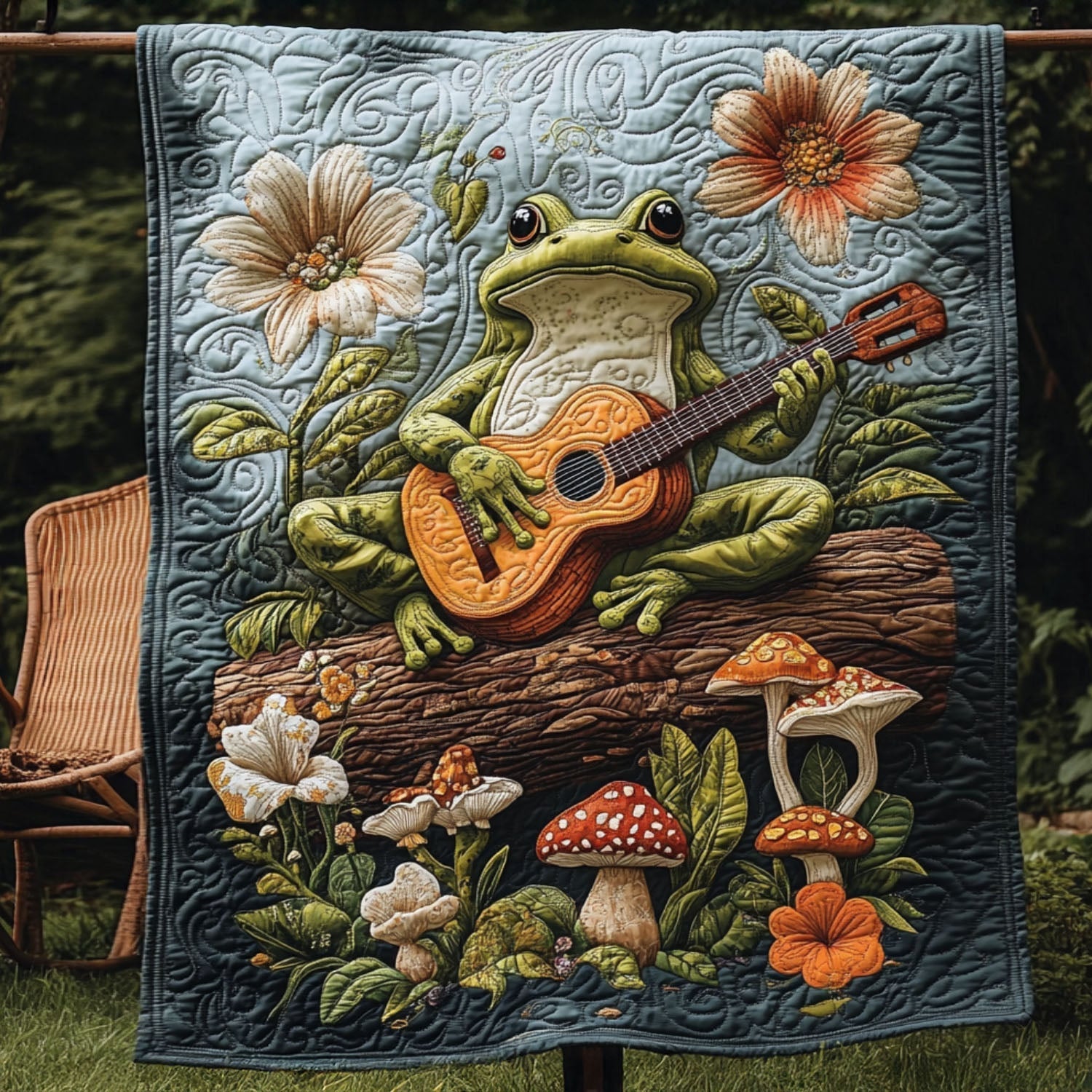 Guitar Frog Groove Quilted Blanket Cute Throw Blanket Frog Themed Gifts For Adults - Marykun