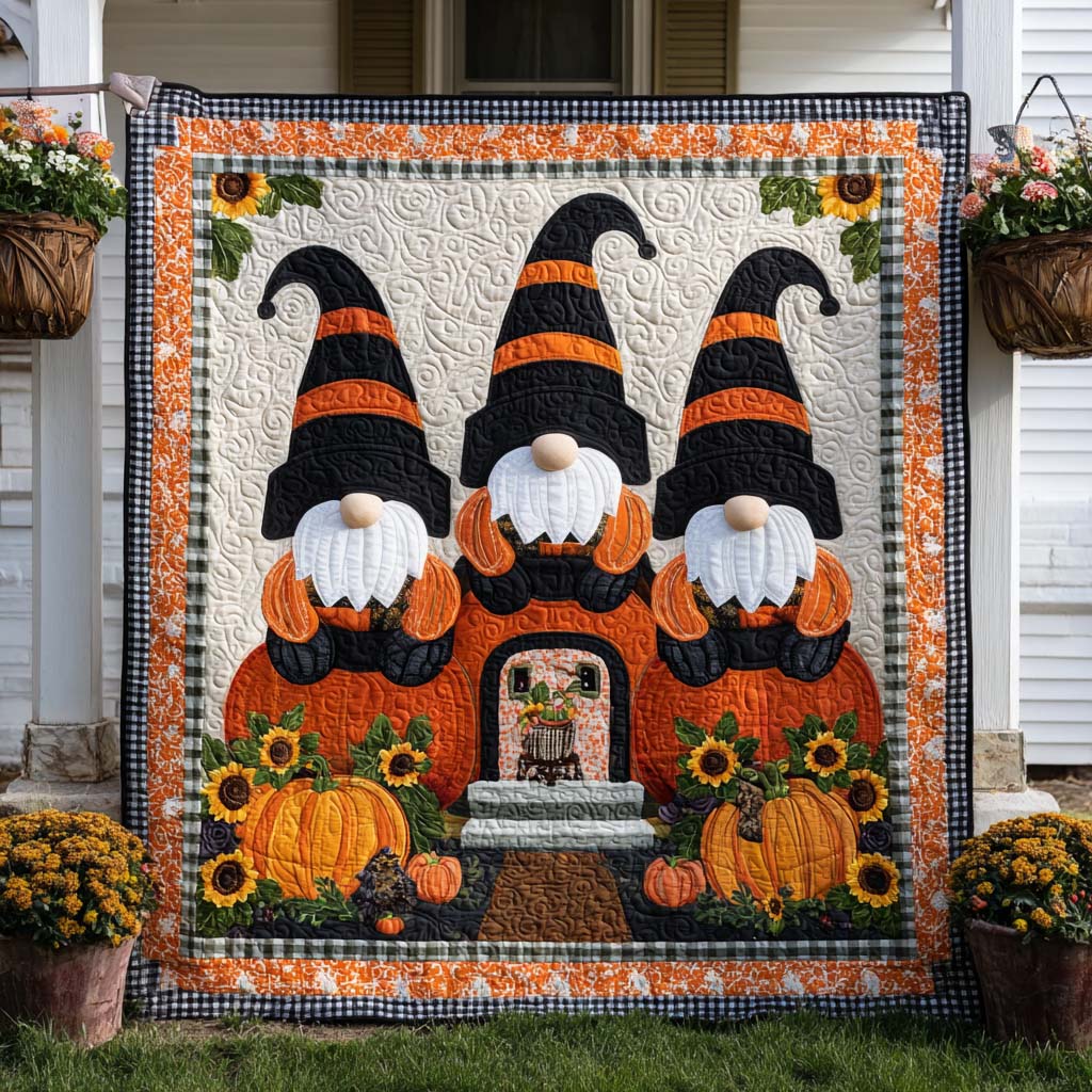Leafy Gnomes Quilted Blanket Fall Theme Throw Blanket Gifts For Gnome Lovers - Marykun