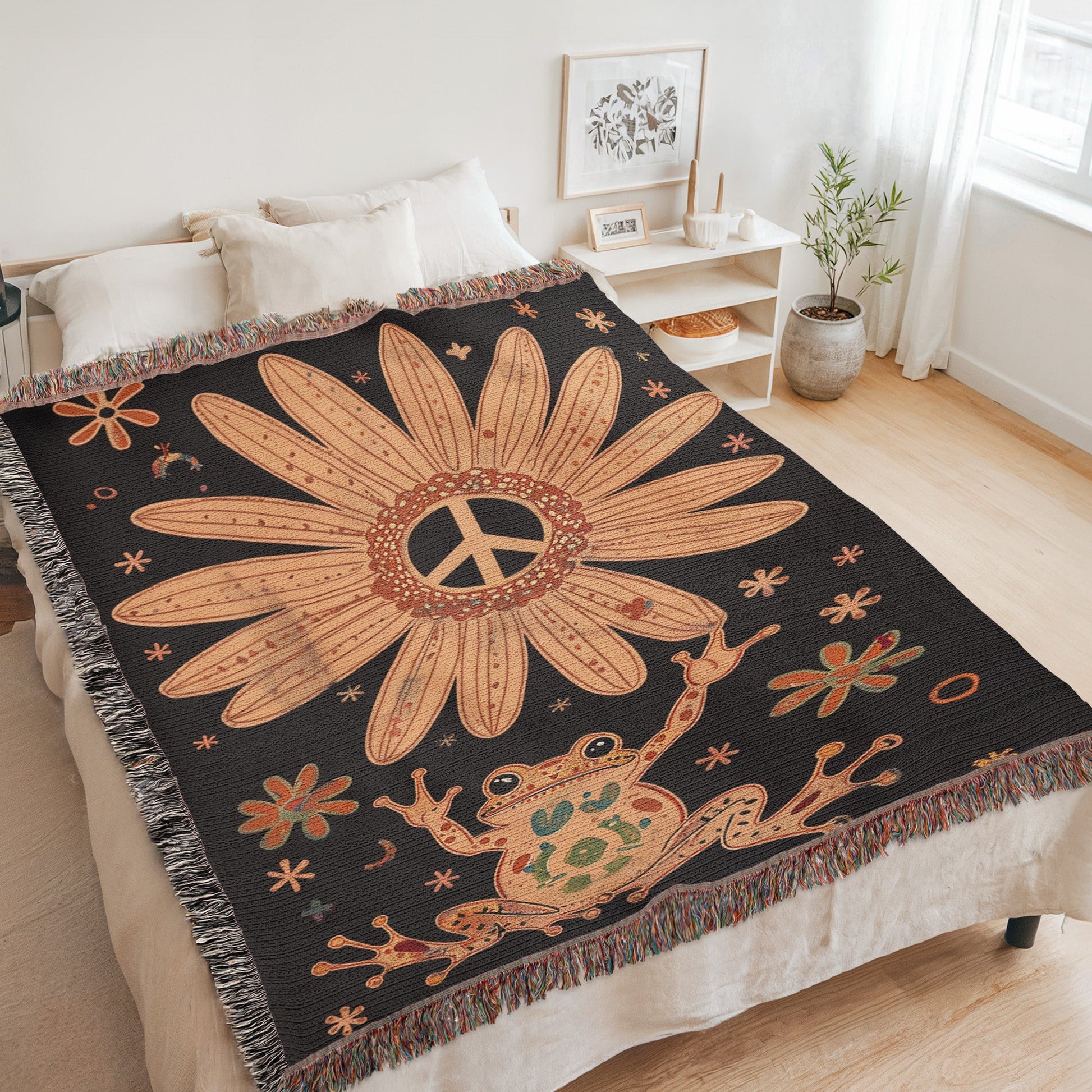 Boho Daisy Frog Cotton Blanket