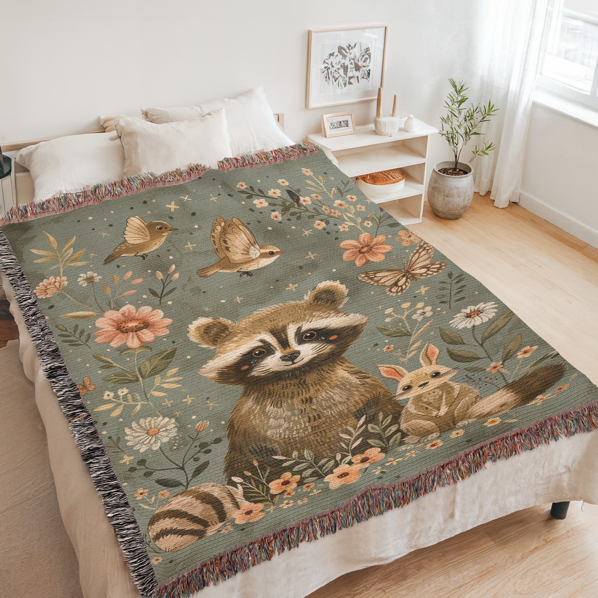 Woodland Raccoon Woven Blanket