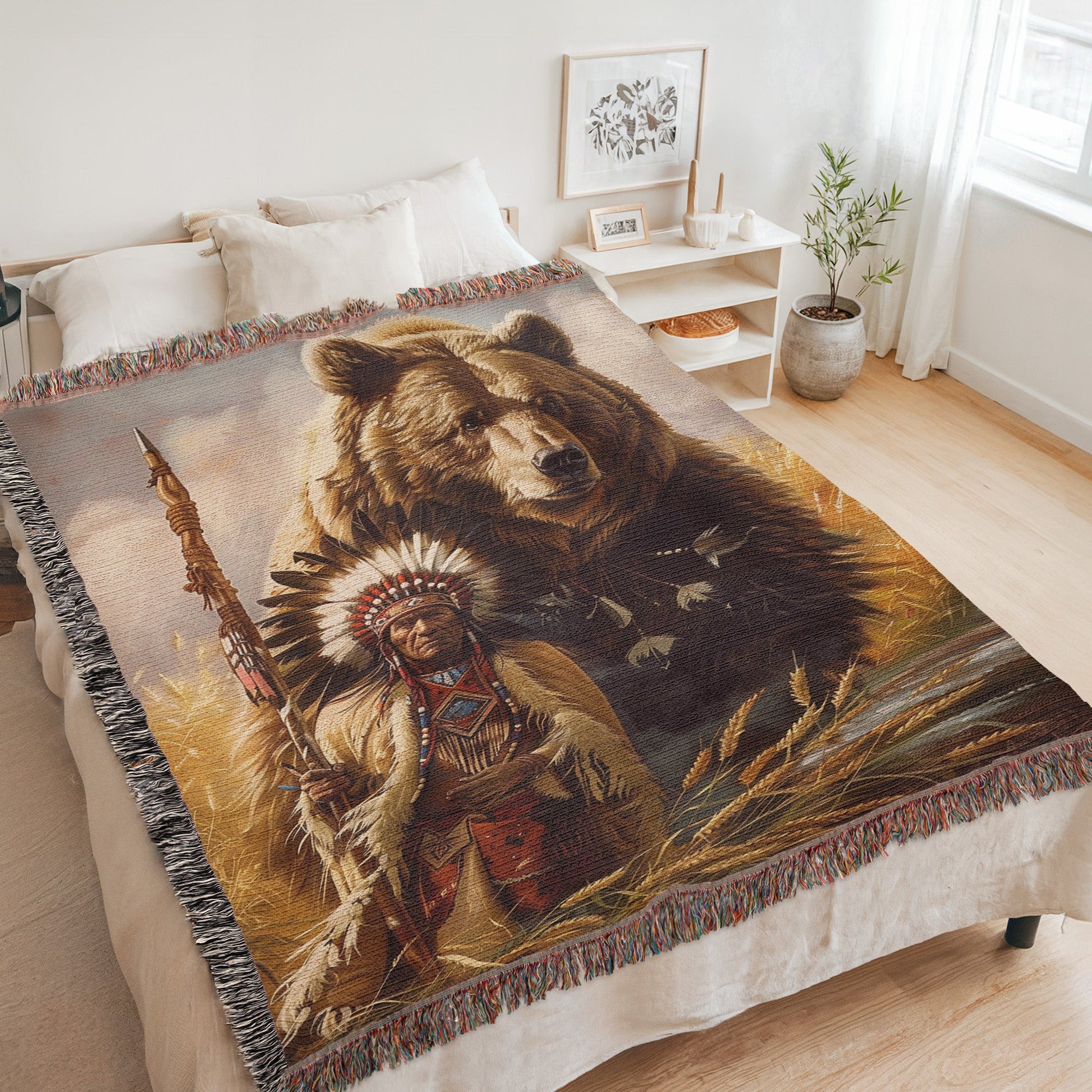Bear and Native Woven Blanket