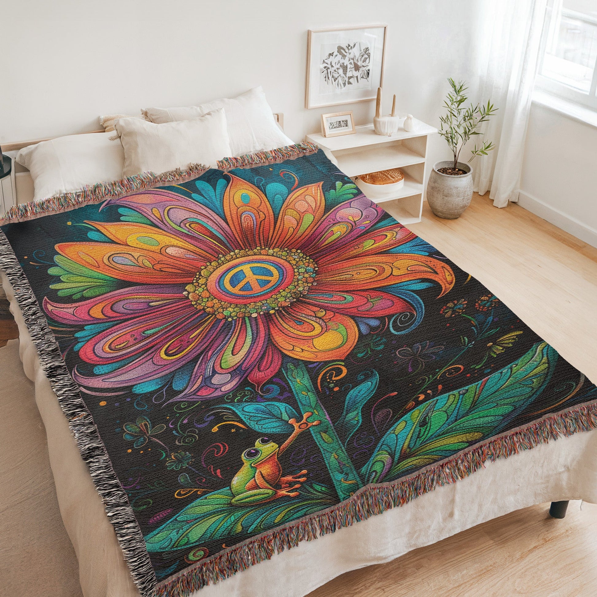 Frog Daisy Peace Woven Blanket