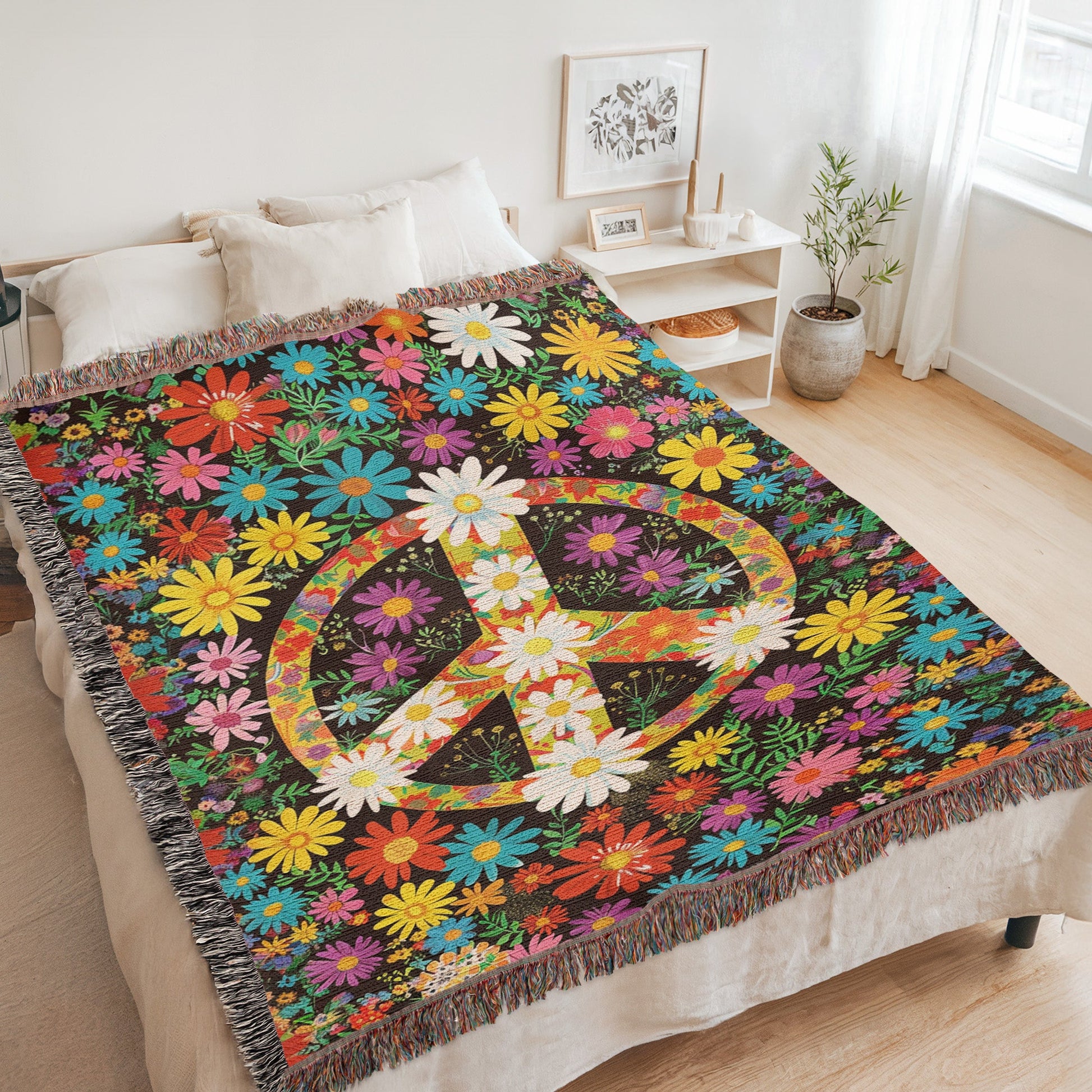 Hippie Flower Peace Woven Blanket