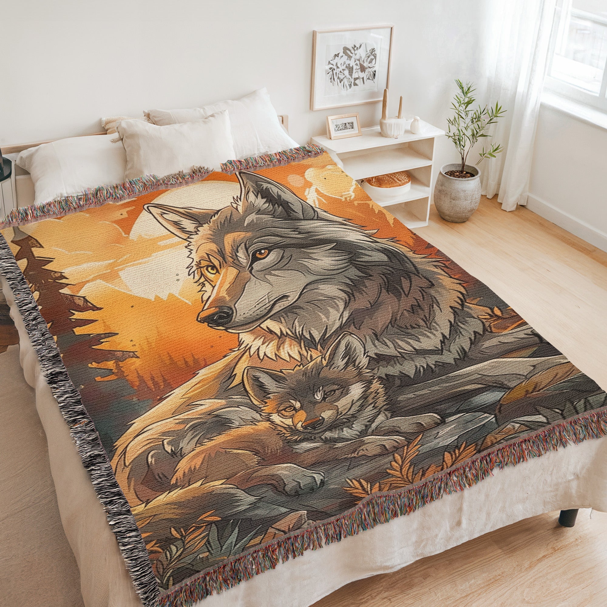 Mom and Baby Wolf Woven Blanket