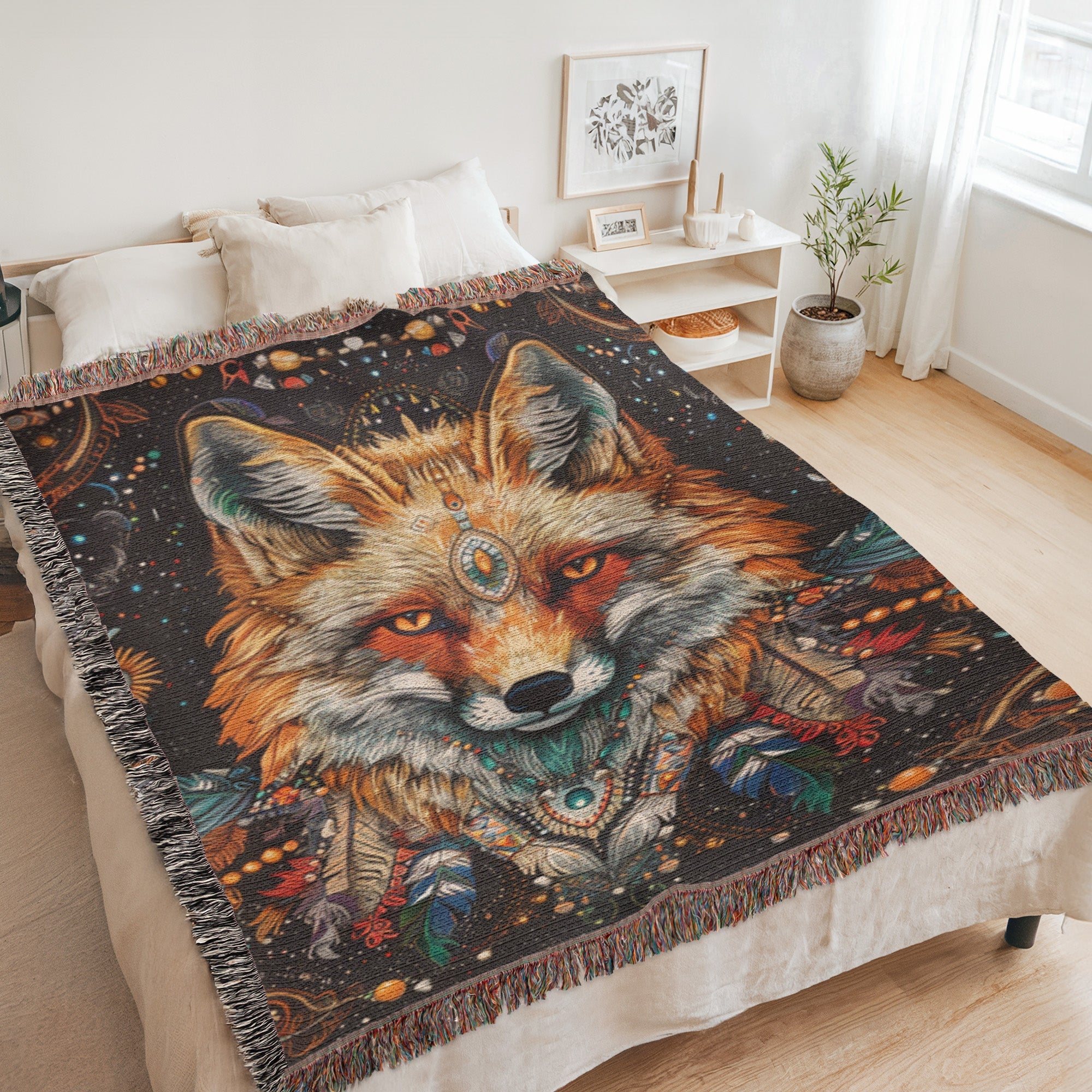 Fox and Vibrant Feathers Woven Blanket