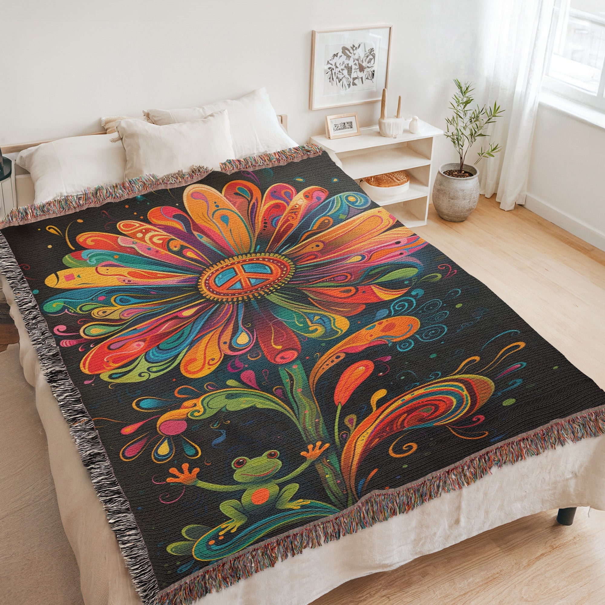 Hippie Frog Flower Woven Blanket