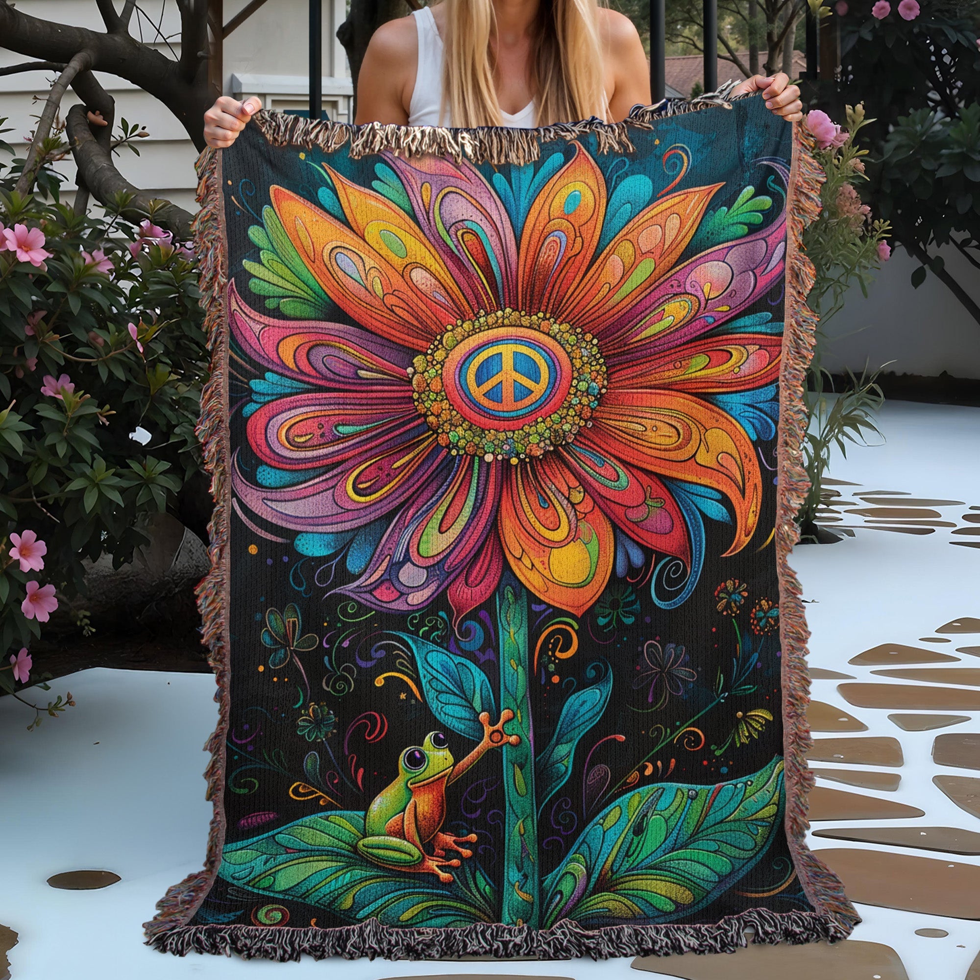 Frog Daisy Peace Woven Blanket