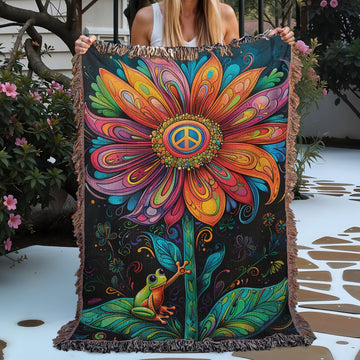 Frog Daisy Peace Woven Blanket