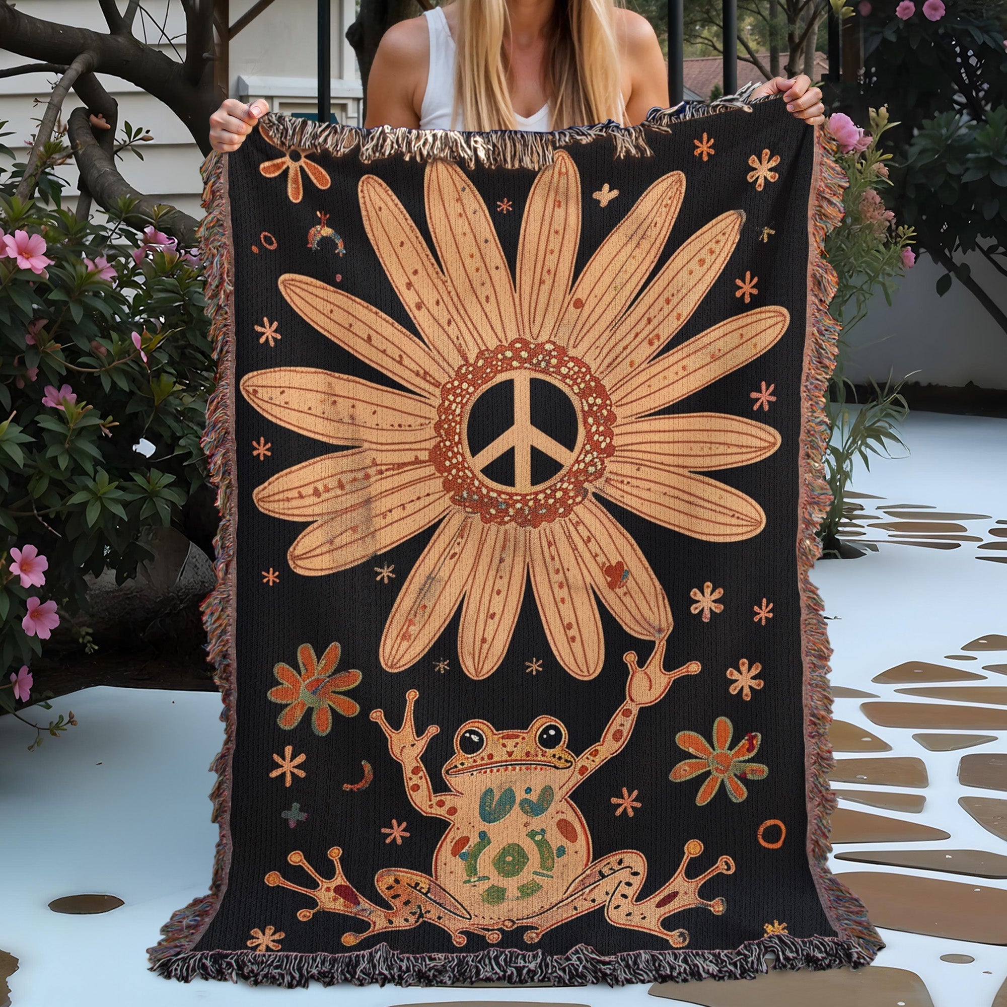 Boho Daisy Frog Cotton Blanket