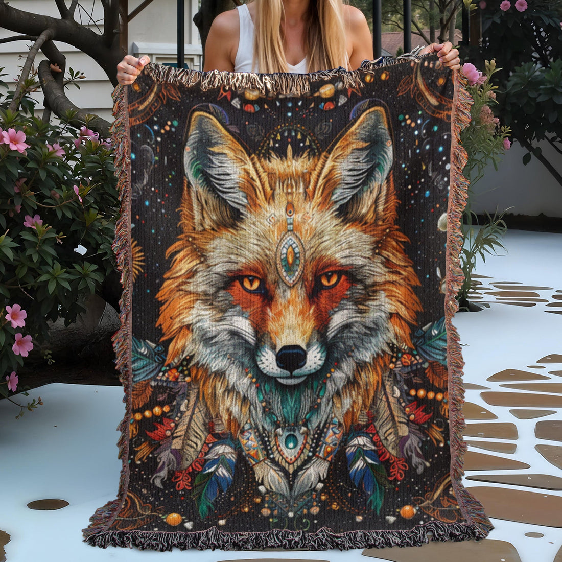 Fox and Vibrant Feathers Woven Blanket