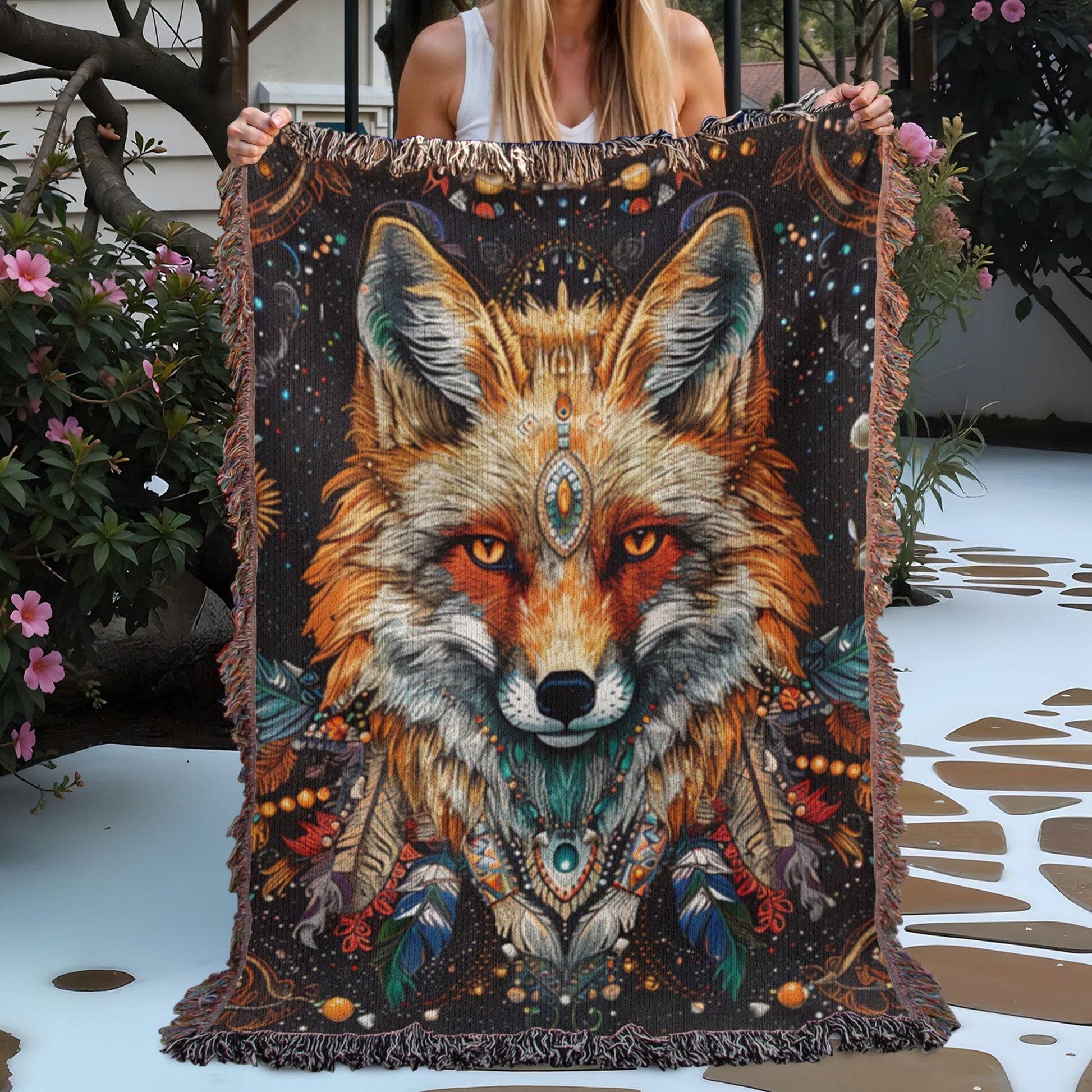 Fox and Vibrant Feathers Woven Blanket