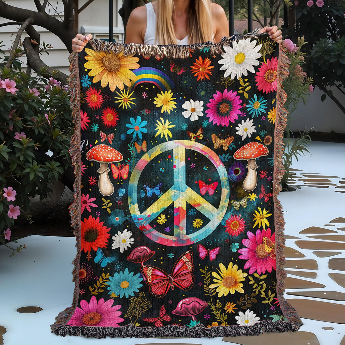 Hippie Peace Garden Woven Blanket