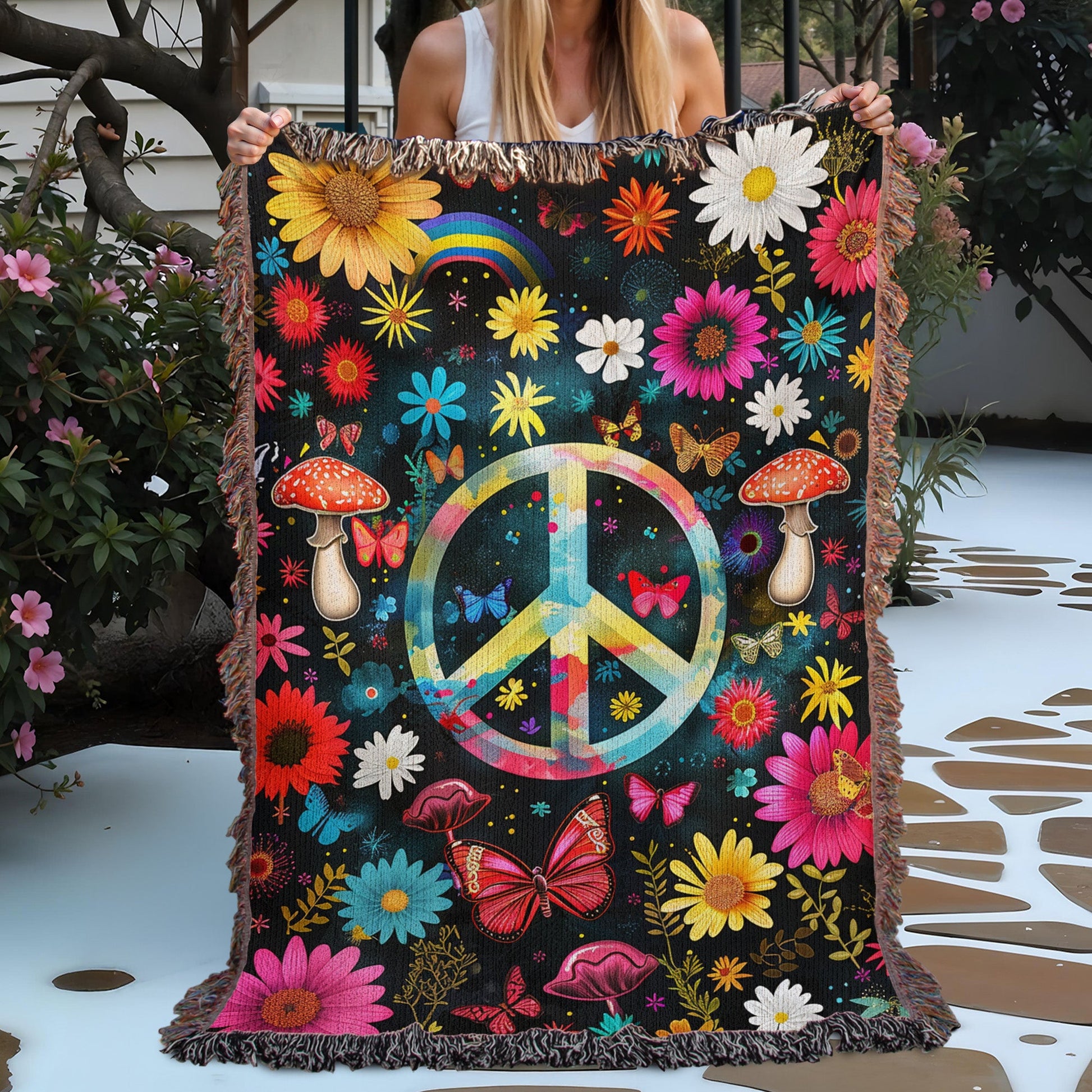 Hippie Peace Garden Woven Blanket